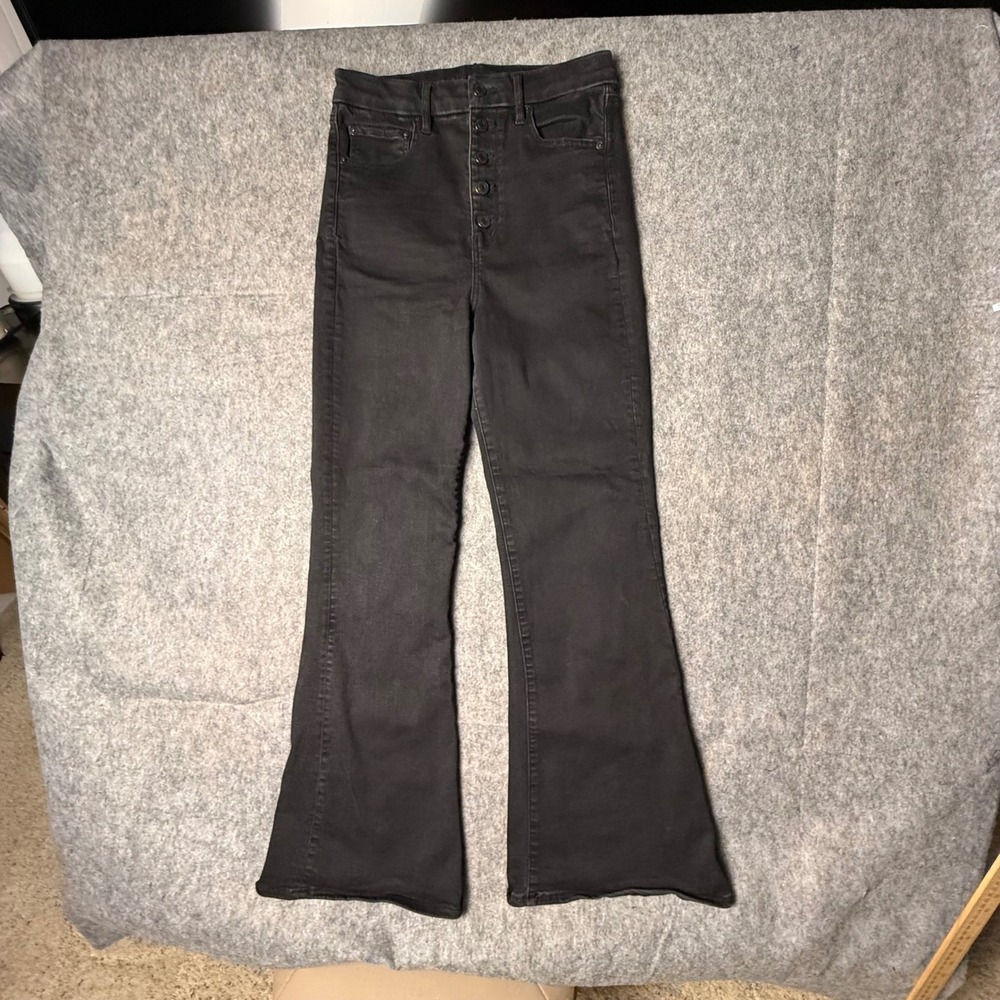 American Eagle High Rise Flare Jeans Womens 8 Black Button Fly Stretch Denim